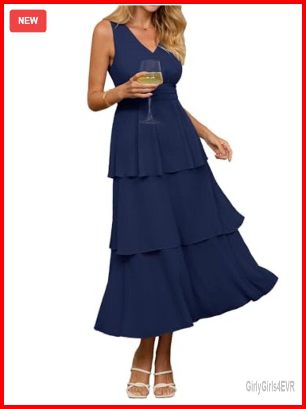 Womens Chiffon Maxi Dress Sleeveless V Neck Ruffle Tiered Boho Beach Sundress